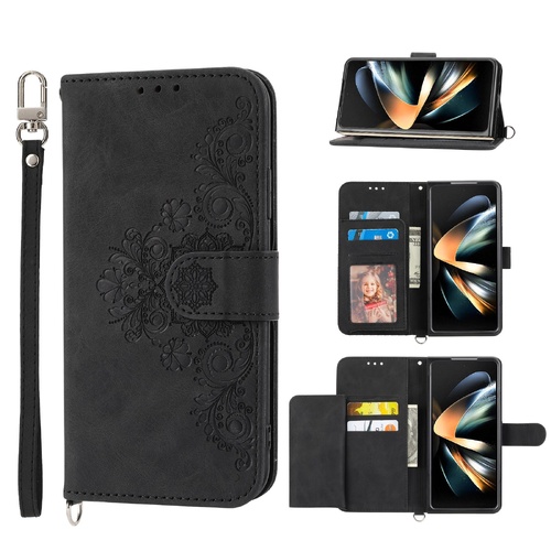 Floral Leather Phone Wallet for Samsung Galaxy z Fold 4 - Embossed - Black - Main Image