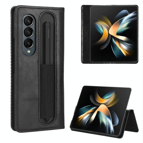 Vintage Leather Phone Case for Samsung Galaxy z Fold 4 5g with Magnetic Buckle - Black - Main Image
