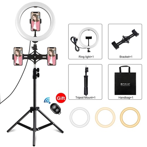10.2 Led Ring Light with Tripod & Dual Phone Brackets - Usb Dimmable Dual Colour Temperature Selfie Remote - Black - Main Image