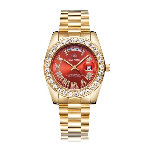 Men Quartz Watch with Diamond-encrusted Roman Numeral Dial - Gold Shell Red Dial - Main Image