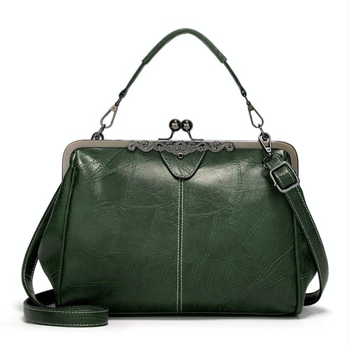 Adjustable Leather Crossbody Bag with Vintage Buckle - Green - Main Image