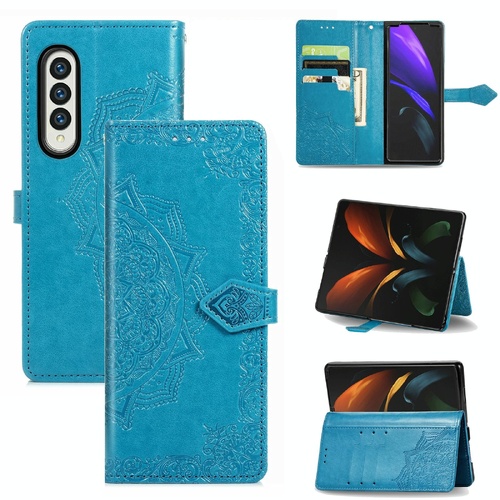 Embossed Mandala Leather Phone Case for Samsung Galaxy z Fold 4 - Blue - Main Image