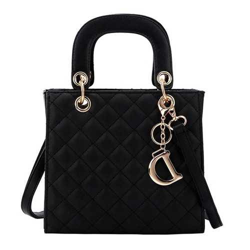 Leather Crossbody Bag with Rhombus Pattern for Women - Black - Main Image