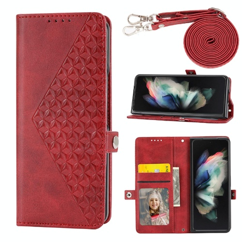 Leather Grid Texture Phone Case with Lanyard for Samsung Galaxy z Fold 4 - Red - Main Image
