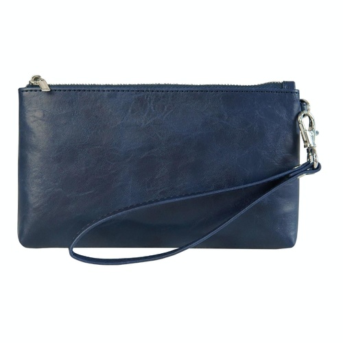 Retro Leather Clutch Bag with Zipper - 6 Inch - Dark Blue - Main Image