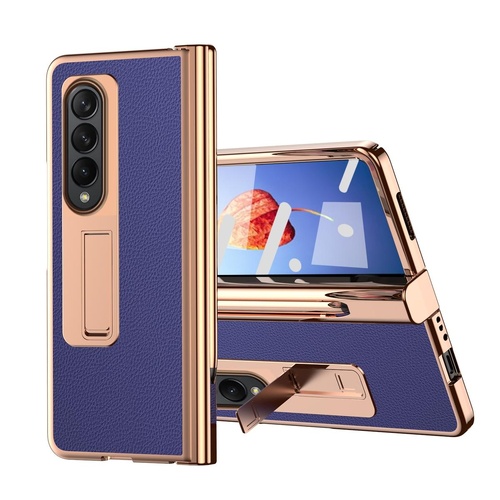 Premium Litchi Leather Hinged Phone Case for Samsung Galaxy z Fold 4 - with Pen - Blue - Main Image