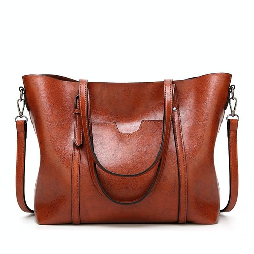 Stylish All-match Leather Handbag - Wax Finish - Khaki - Main Image