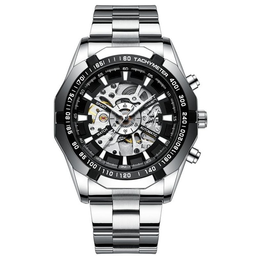 Stylish Men Automatic Mechanical Watch with Steel Band - Black - Main Image