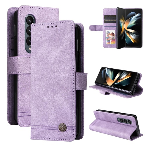 Metal Button Leather Case for Samsung Galaxy z Fold 4 / 5g - Tree Design - Purple - Main Image