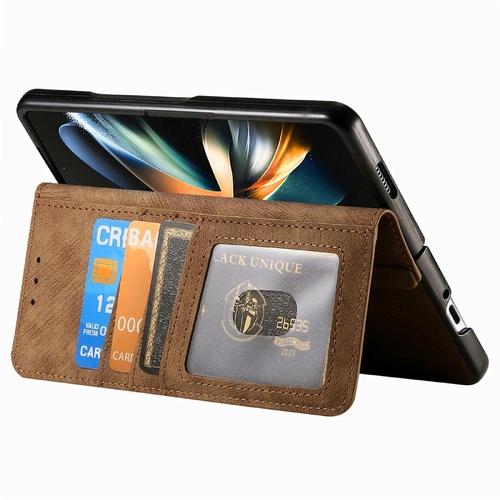 Vintage Magnetic Wallet Case for Samsung Galaxy z Fold 4 - Zipper Closure - Brown - Main Image