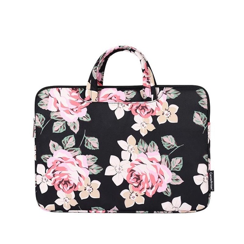 13 Inch Laptop Case Bag with White Rose Pattern and Handle - Black - Main Image