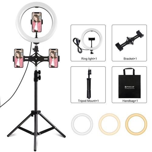 Horizontal Dual Phone Brackets with Tripod Mount & Led Ring Light Kit for Vlogging and Live Broadcasts - Main Image