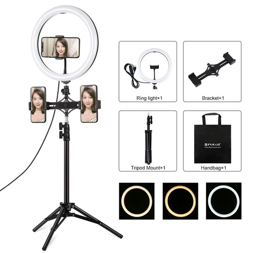 11.8 Led Ring Light with Tripod & Dual Phone Brackets - Usb 3 Modes Dual Colour Temperature - Vlogging & Live Broadcast Kit - Main Image
