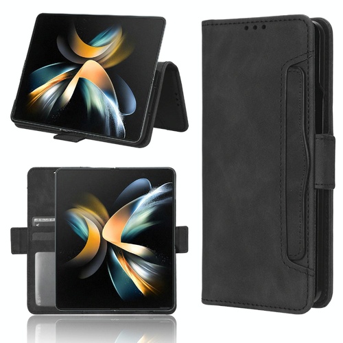 Samsung Galaxy z Fold 4 5g Leather Phone Case with Card Slots and Calf Texture - Black - Main Image