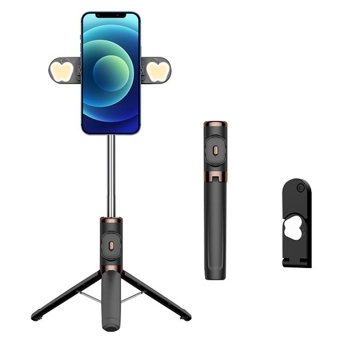 Bluetooth Remote Selfie Stick with Dual Fill Light and Tripod - Black - Main Image