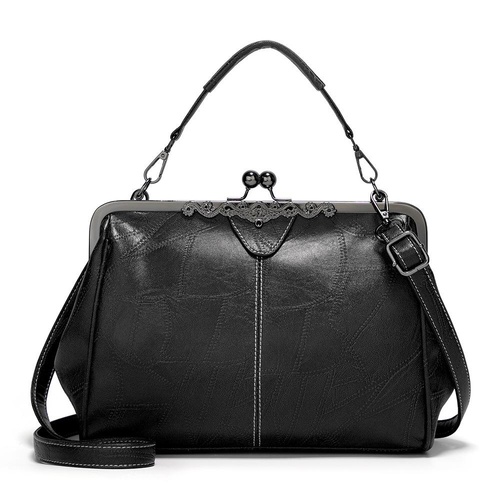 Adjustable Leather Crossbody Bag with Vintage Buckle - Black - Main Image