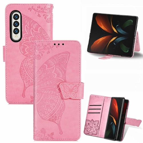 Embossed Butterfly Love Leather Case for Samsung Galaxy z Fold 4 - Flower Design - Pink - Main Image