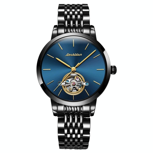 Waterproof Automatic Mechanical Watch for Women with Simple Hollow Design - Black Steel Strip Blue - Main Image