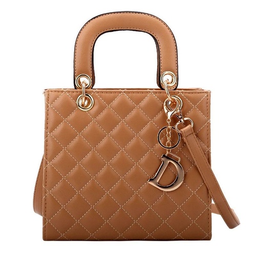 Leather Crossbody Bag with Rhombus Pattern for Women - Brown - Main Image