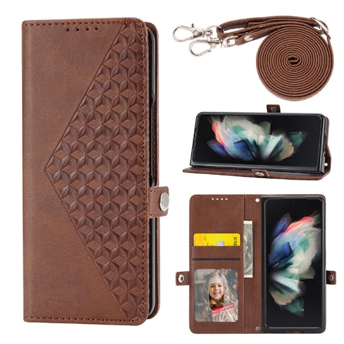 Leather Grid Texture Phone Case with Lanyard for Samsung Galaxy z Fold 4 - Brown - Main Image