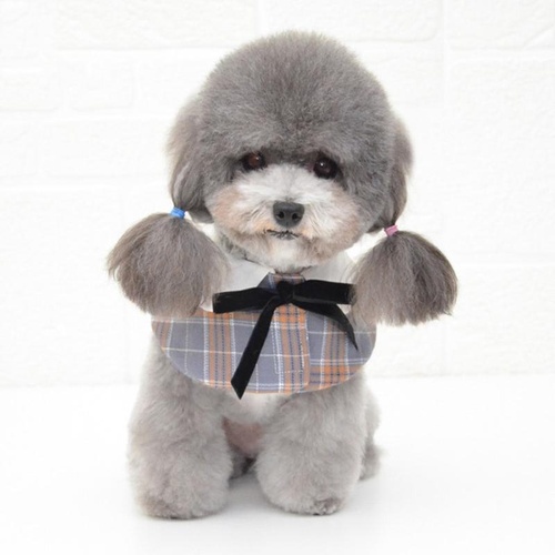 Dog Shawl Small Cloak Pet Bow Ttie Saliva Towel Pet Accessories - Size S - Gray Yellow Grid - Main Image