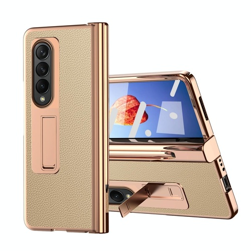 Premium Litchi Leather Hinged Phone Case for Samsung Galaxy z Fold 4 - with Pen - Gold - Main Image