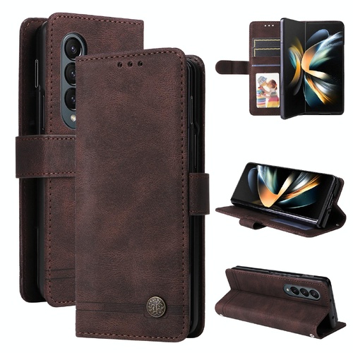 Metal Button Leather Case for Samsung Galaxy z Fold 4 / 5g - Tree Design - Brown - Main Image