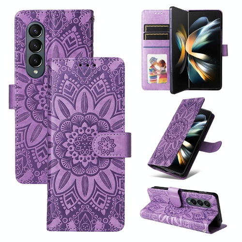 Sunflower Embossed Leather Phone Case for Samsung Galaxy z Fold 4 / 5g - Purple - Main Image