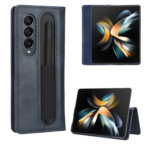 Vintage Leather Phone Case for Samsung Galaxy z Fold 4 5g with Magnetic Buckle - Blue - Main Image
