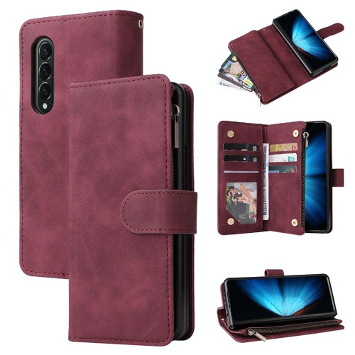 Frosted Leather Zip Wallet for Samsung Galaxy z Fold 4 - Compact and Stylish - Wine Red - Main Image