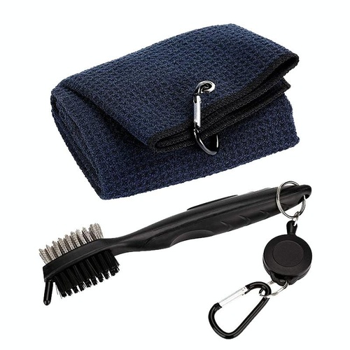 Club Cleaning Brush & Hook Towel Golf Set - Compact & Convenient - Black - Main Image