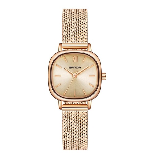 Women Oval Dial Quartz Watch with Simple Bar Scale - Mesh Belt Rose Gold - Main Image