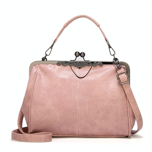 Adjustable Leather Crossbody Bag with Vintage Buckle - Pink - Main Image