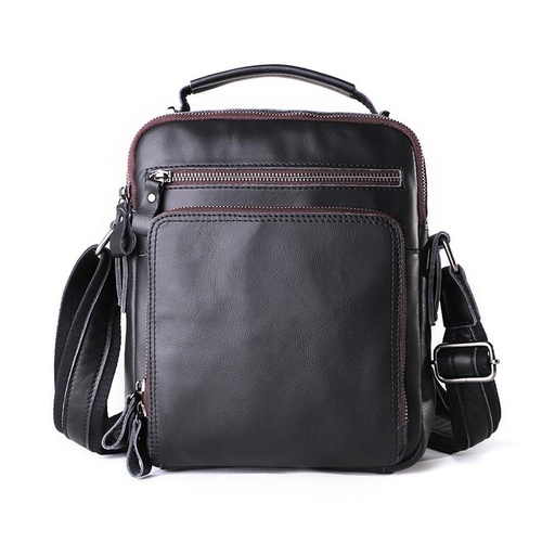 Men Large Capacity One Shoulder Leather Messenger Bag - Napa Texture Black - Main Image
