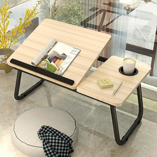 Adjustable Folding Laptop Desk with Cup Holder - Four-speed Lifting Table for Dorms - White Maple - Main Image