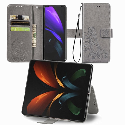 Embossed Leather Phone Case for Samsung Galaxy z Fold 4 with Four Leaf Clasp - Gray - Main Image