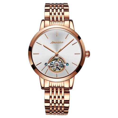 Waterproof Automatic Mechanical Watch for Women with Simple Hollow Design - Rose Gold Steel Strip White - Main Image