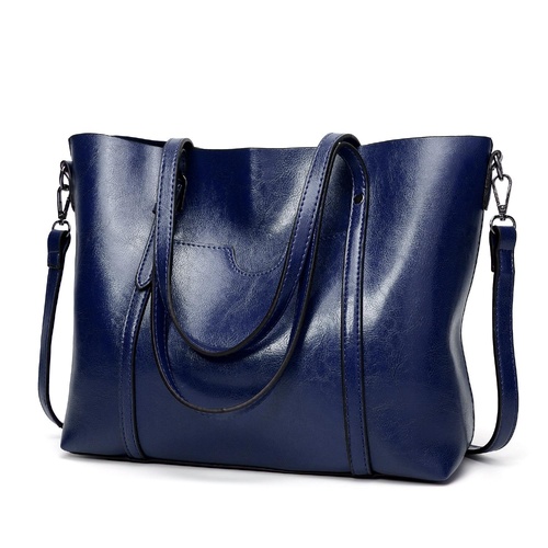 Stylish All-match Leather Handbag - Wax Finish - Navy Blue - Main Image
