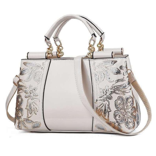 Shiny Leather Handbag with Single-sided Embroidery - Rice-White - Main Image