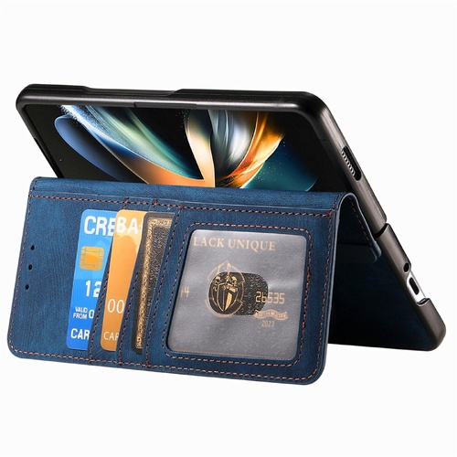 Vintage Magnetic Wallet Case for Samsung Galaxy z Fold 4 - Zipper Closure - Blue - Main Image