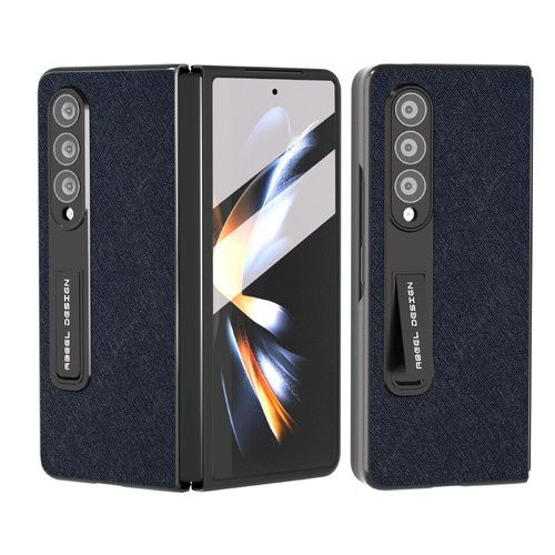 Cross Texture Leather Phone Case with Holder for Samsung Galaxy z Fold 4 5g - Blue - Main Image