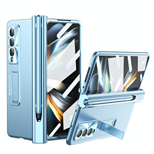Foldable Phone Case with Pen Slot for Samsung Galaxy z Fold 4 - Electroplated - Blue - Main Image