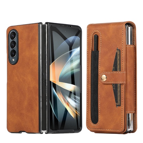 Shockproof Foldable Leather Case with Stylus for Samsung Galaxy z Fold 4 / 5g - Brown - Main Image