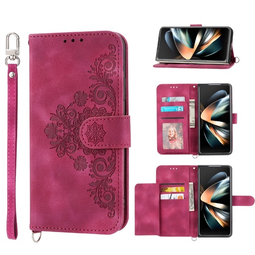 Floral Leather Phone Wallet for Samsung Galaxy z Fold 4 - Embossed - Wine Red - Main Image