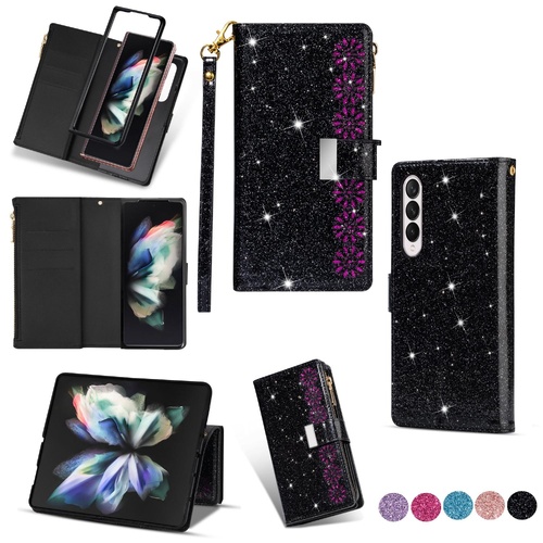 Sparkling Leather Zip Case for Samsung Galaxy z Fold 4 - Zipper Closure - Black - Main Image