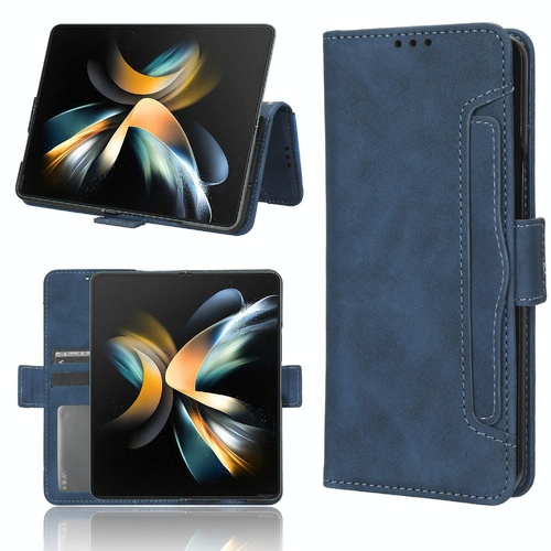 Samsung Galaxy z Fold 4 5g Leather Phone Case with Card Slots and Calf Texture - Blue - Main Image