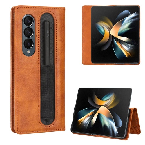 Vintage Leather Phone Case for Samsung Galaxy z Fold 4 5g with Magnetic Buckle - Brown - Main Image