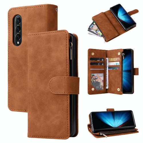 Frosted Leather Zip Wallet for Samsung Galaxy z Fold 4 - Compact and Stylish - Brown - Main Image