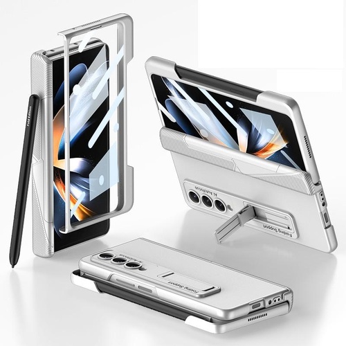 Foldable Phone Case with Magnetic Closure and Pen Slot for Samsung Galaxy z Fold 4 - Compact and Convenient - Silver - Main Image