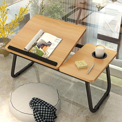 Adjustable Folding Laptop Desk with Cup Holder - Four-speed Lifting Table for Dorms - Walnut - Main Image